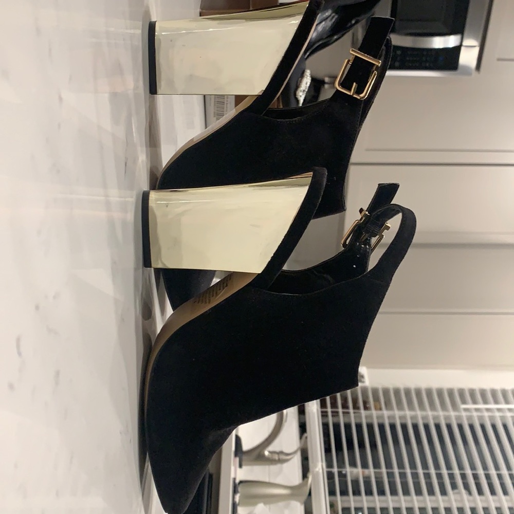 Black and gold block heels